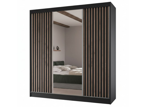 Schiebetürenschrank mit Lamellen und Spiegel 200 cm Lucena Schwarz