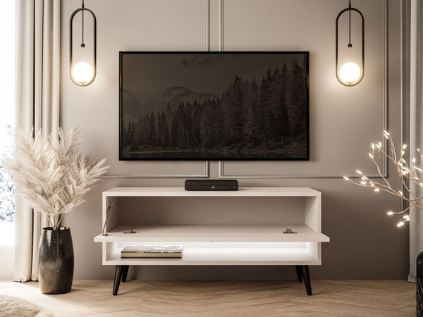TV-Schrank 90 cm mit LED-Beleuchtung und schwarzen Beinen Aurelie Kaschmir Hochglanz