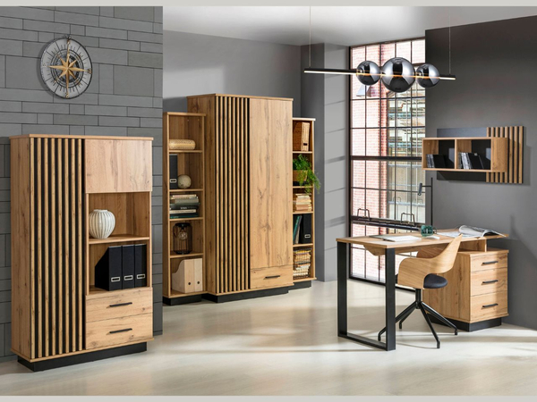 Offenes freistehendes Bücherregal für das Wohnzimmer Lavore Wotan Eiche, Schwarz matt
