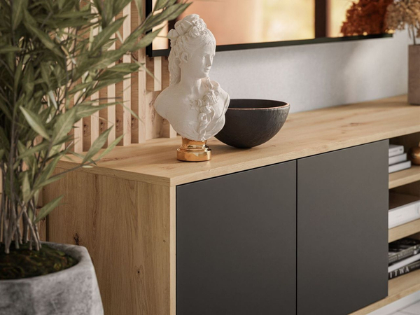TV-Lowboard mit Türen auf schwarzem Gestell Vivance Schwarz und Artisan Eiche