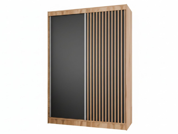 Schiebetürenschrank mit Lamellen 150 cm Loreto Handwerk Goldene Eiche, Schwarz