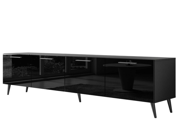 TV-Lowboard mit Türen und LED-Beleuchtung auf Schwarzen Metallbeinen 200 cm Noaé Schwarz Hochglanz