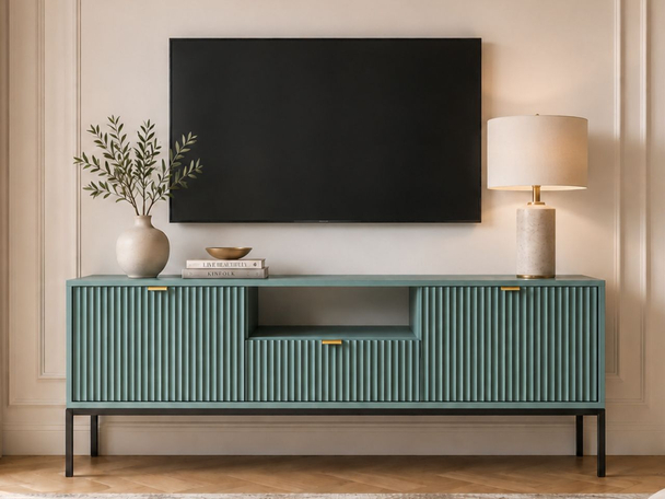 TV-Lowboard mit Schublade und Türen Amber Grün, Schwarz Frame