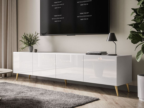 TV-Lowboard mit Türen auf Goldenen Metallbeinen 200 cm Nodoo Weiß Hochglanz