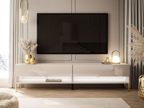 TV-Schrank für das Wohnzimmer 180 cm mit goldenen Metallbeinen und LED-Beleuchtung Aurelie Kaschmir Hochglanz