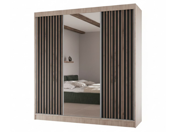 Schiebetürenschrank mit Lamellen und Spiegel 200 cm Lucena Eiche Sonoma, Schwarz