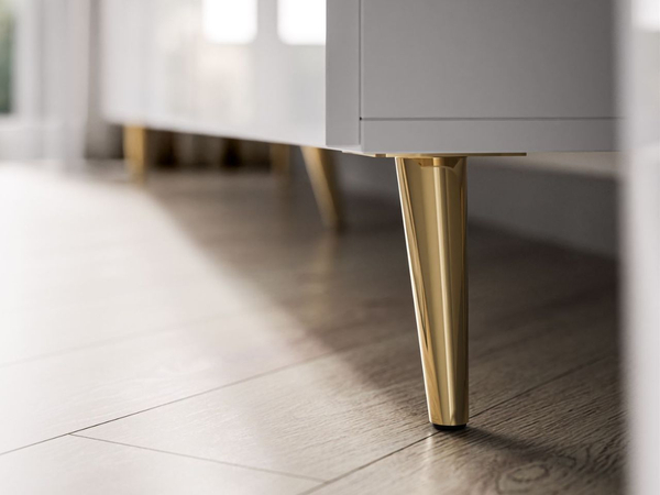 TV-Lowboard mit Türen und LED-Beleuchtung auf Goldenen Metallbeinen 200 cm Noaé Weiß Hochglanz