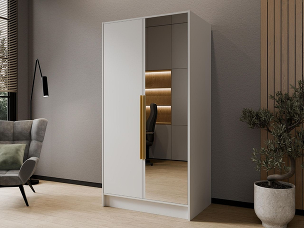 Kleiderschrank mit Spiegel 100 cm Lucca Weiß mit goldenen Griffen