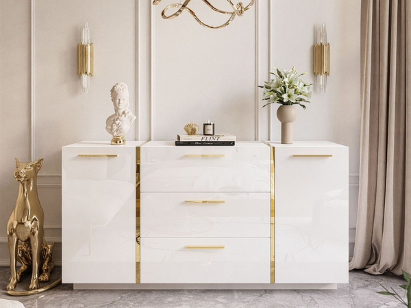 Wohnzimmer-Set mit goldenen Griffen im Glamour-Stil Lunelie Weiß Hochglanz