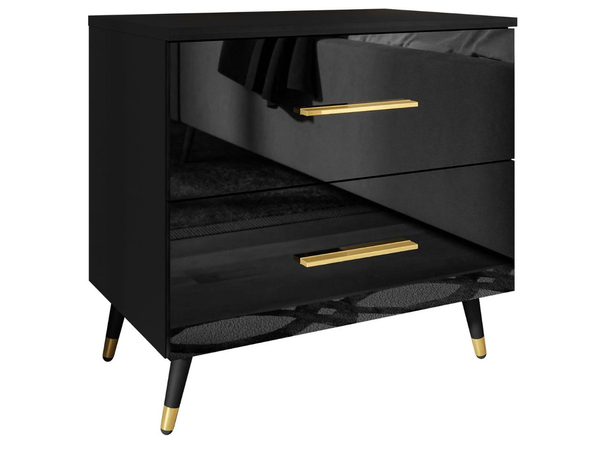 Nachttisch mit Schubladen auf Schwarz-Goldenen Metallbeinen Nuveo Schwarz Hochglanz