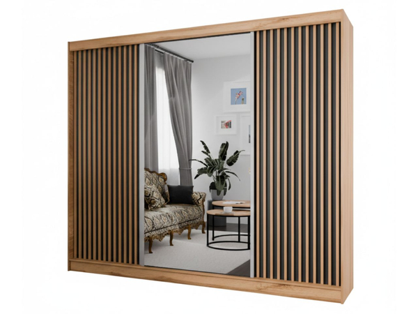 Schiebetürenschrank mit Spiegel und Lamellen 250 cm Loreto Handwerk Goldene Eiche, Schwarz