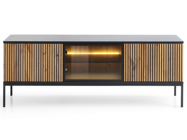 TV-Lowboard mit Türen und Led Deo Schwarz, Eiche Wotan