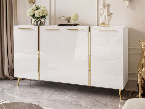 Viertürige Kommode 158 cm Glamour-Stil mit goldenen Griffen und Beinen Lunelie Weißglanz