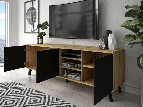 TV-Lowboard mit Türen und schwarzen Beinen Vivance Schwarz und Eiche Artisan