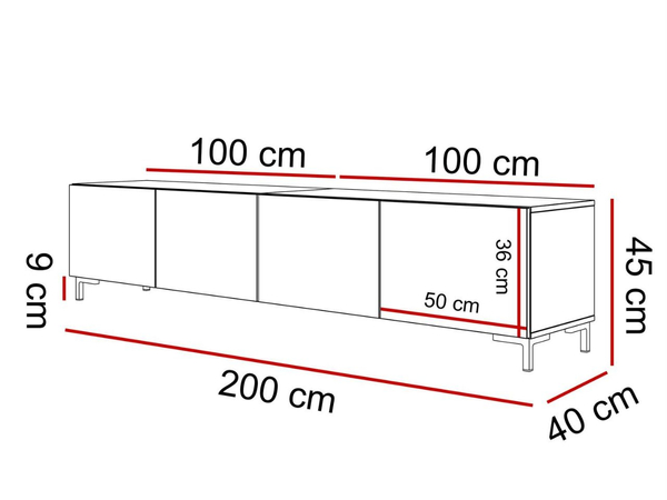 TV-Lowboard mit Türen auf Schwarzen Beinen 200 cm Nodoo Weiß Hochglanz