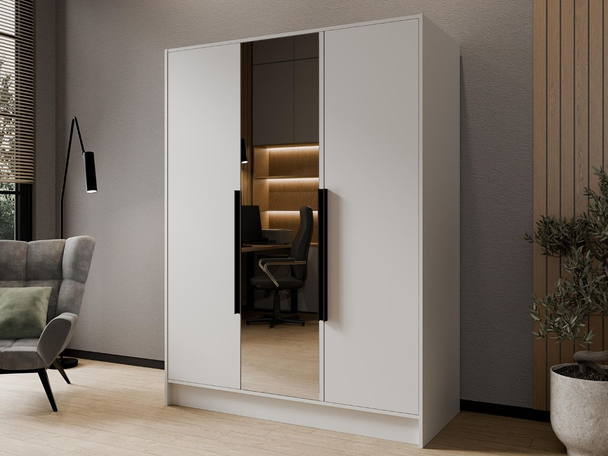 Kleiderschrank mit Spiegel 150 cm Lucca Weiß mit schwarzen Griffen