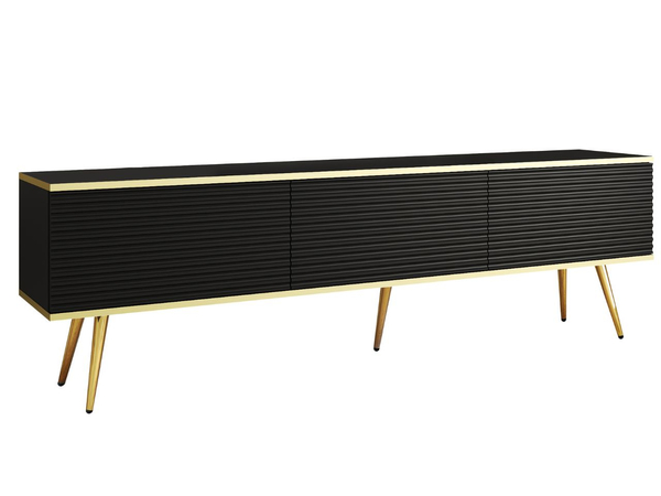 TV-Lowboard mit Türen 175 cm Diolo Schwarz mit geriffelter Vorderseite auf goldenen Beinen