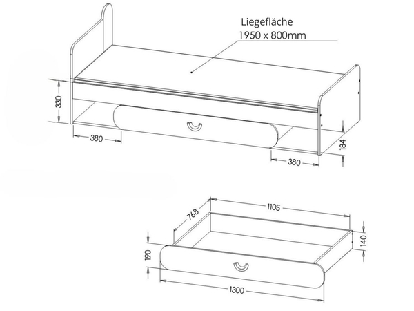 Einzelbett mit Schublade für ein Jugendzimmer Casa Nash Eiche, Weiß, Grau