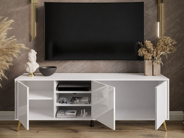TV-Lowboard mit Türen goldene Beine Vivance Weiß Hochglanz