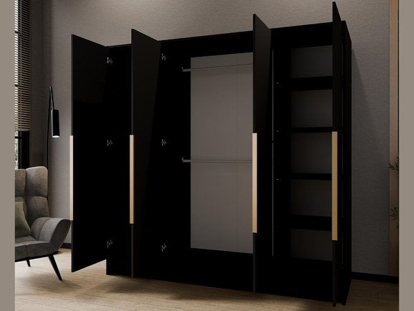 Kleiderschrank 200 cm Perugia Schwarz mit goldenen Griffen