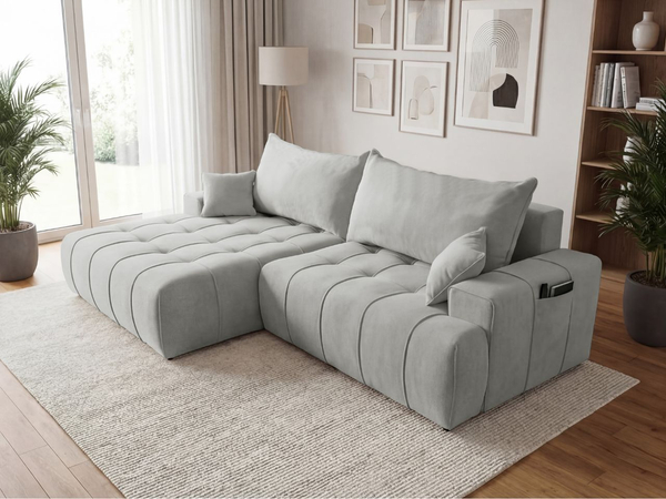 Ecksofa L-Form mit Schlaffunktion und Bettkasten Tulio Links Grau