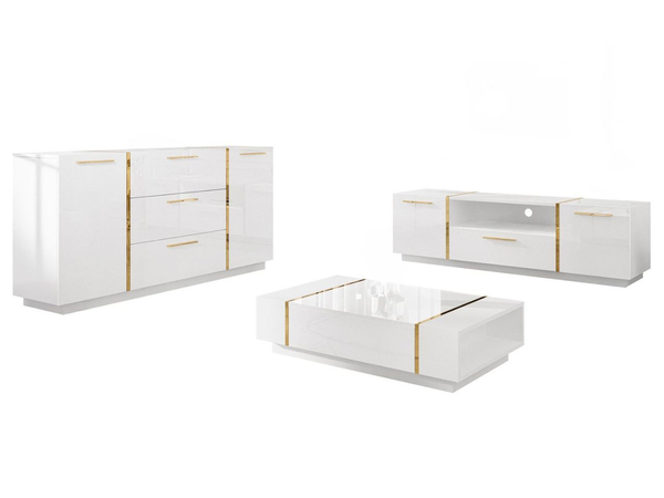 Wohnzimmer-Set mit goldenen Griffen im Glamour-Stil Lunelie Weiß Hochglanz