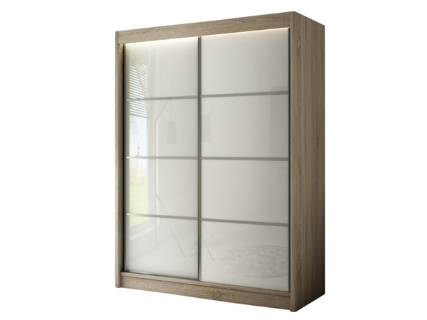 Schiebetürenschrank mit Sprossen 150 cm mit LED-Beleuchtung Ponti Eiche Sonoma, Weiß