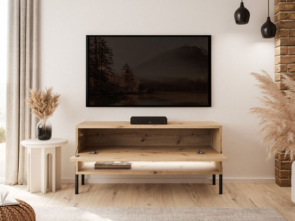 TV-Schrank 90 cm mit LED-Beleuchtung und schwarzen Beinen Aurelie Artisan Eiche