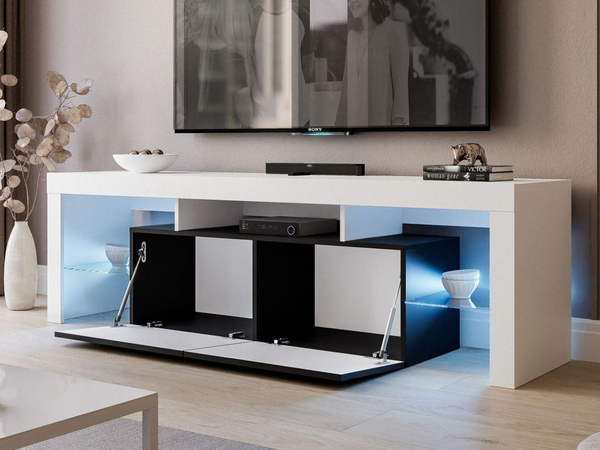 TV-Lowboard mit Türen und Aufsatz 150 cm Nodoo Weiß Hochglanz