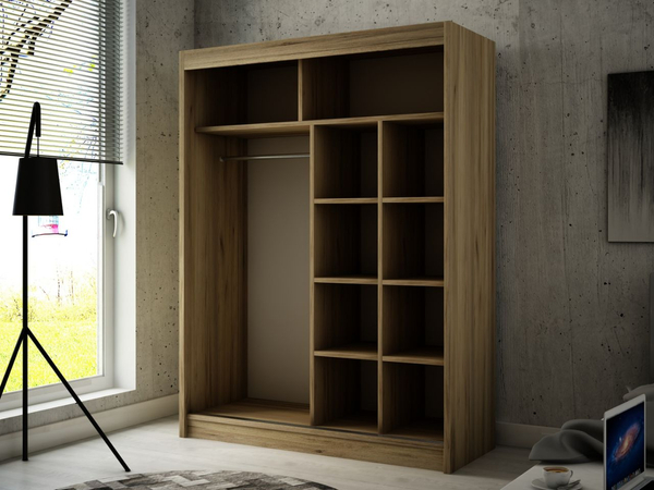 Schiebetürenschrank mit Spiegel 150 cm mit LED-Beleuchtung Portel Handwerk Goldene Eiche