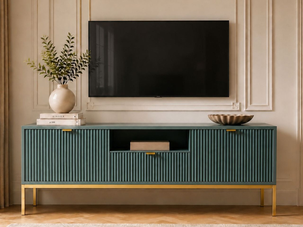TV-Lowboard mit Schublade und Türen Amber Grün, Gold Frame