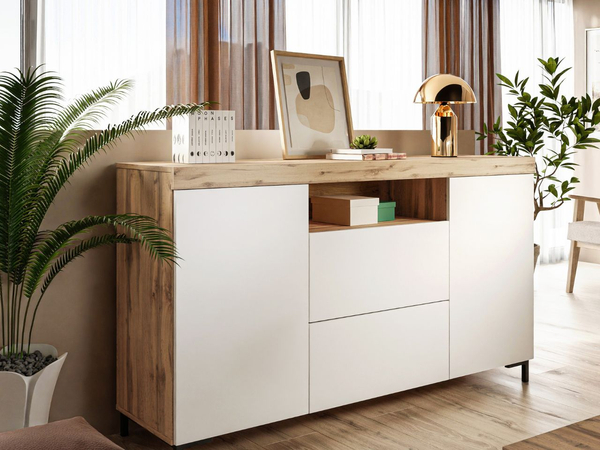Wohnzimmer-Set im Loft-Stil Asumi Weiß und Eiche Wotan