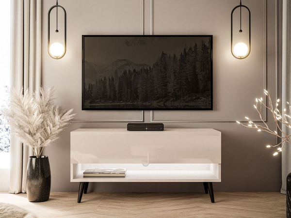 TV-Schrank 90 cm mit LED-Beleuchtung und schwarzen Beinen Aurelie Kaschmir Hochglanz