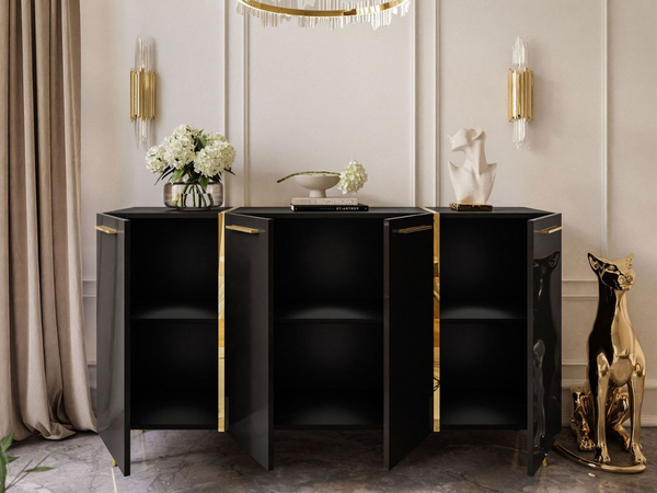 Viertürige Kommode 158 cm Glamour-Stil mit goldenen Griffen und Beinen Lunelie Schwarzglanz
