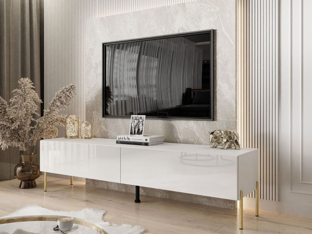 TV-Lowboard mit Türen auf Goldenen Metallbeinen 175 cm mit LED-Beleuchtung Sorelle Weiß Hochglanz