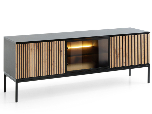 TV-Lowboard mit Türen und Led Deo Schwarz, Eiche Wotan