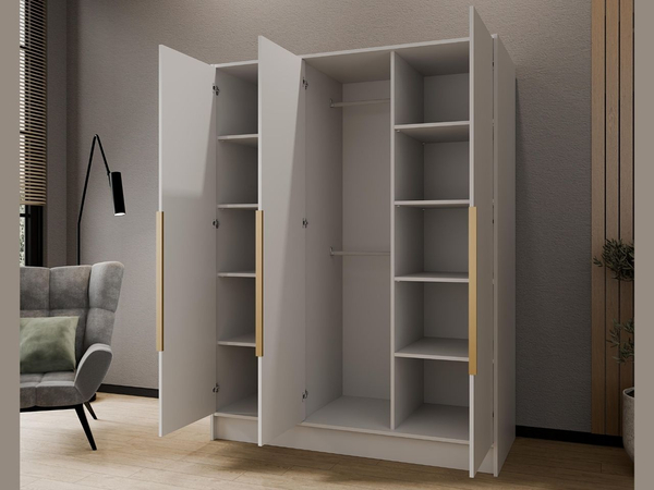 Kleiderschrank mit Spiegel 150 cm Lucca Weiß mit goldenen Griffen
