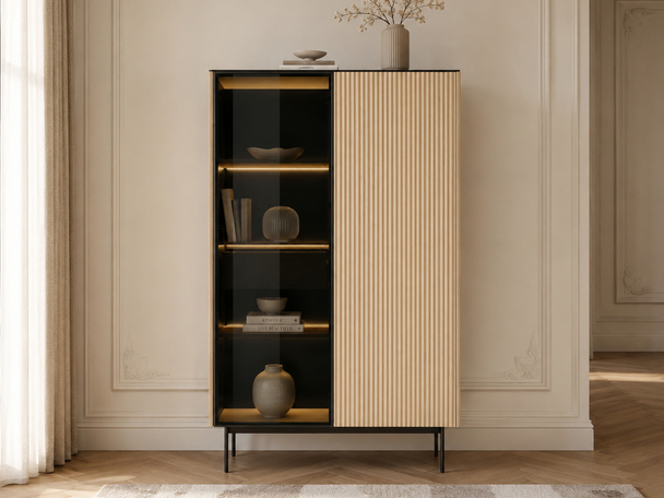 Standvitrine mit einer Glastür, LED-Beleuchtung und Schublade für das Wohnzimmer Auroé Eiche Vicenza