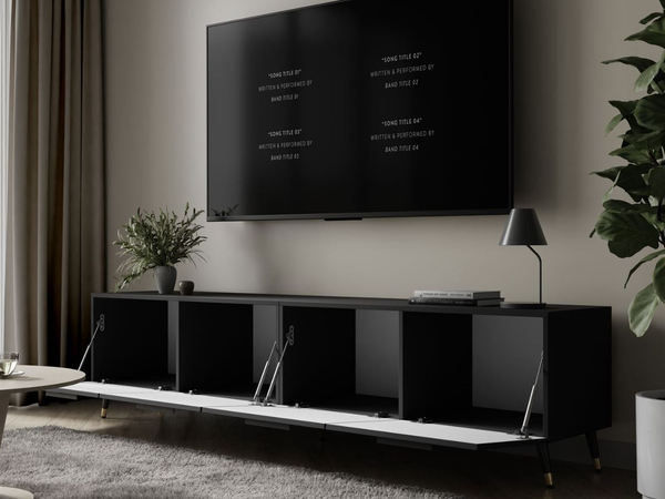 TV-Lowboard mit Türen auf Schwarz-Goldenen Metallbeinen 200 cm Noaé Schwarz Hochglanz