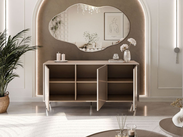 Dreitürige Kommode 154 cm Glamour-Stil auf silberfarbenen Metallbeinen Vivance Kaschmirglanz