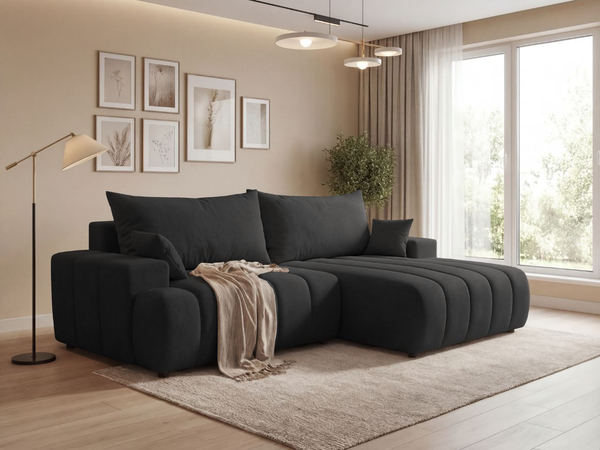Ecksofa L-Form Rechts mit Schlaffunktion und Bettkasten Caleo Schwarz