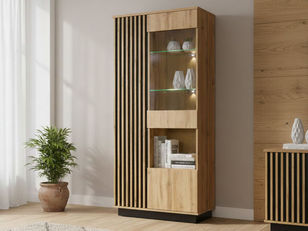 Zweitüriger Standvitrinenschrank mit LED-Beleuchtung Lavore Wotan Eiche, Schwarz matt