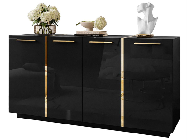 Viertürige Kommode 158 cm Glamour-Stil mit goldenen Griffen Lunelie Schwarzglanz
