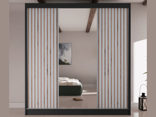 Schiebetürenschrank mit Lamellen und Spiegel 200 cm Lucena Schwarz, Weiß