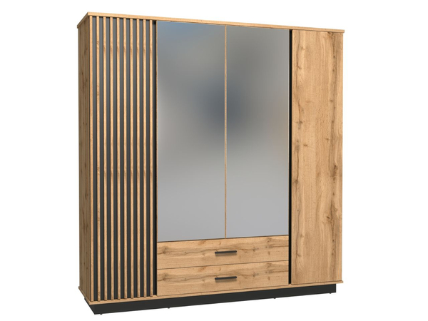 Spiegelschrank 200 cm mit Lamellen und Schubladen für das Schlafzimmer Lavore Wotan Eiche, Schwarz matt
