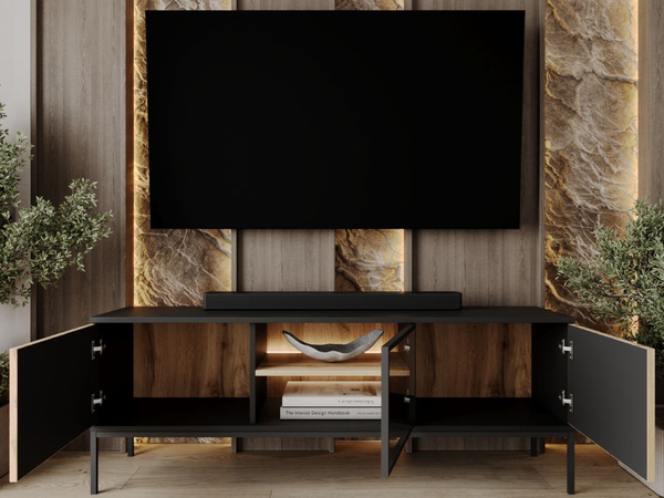 TV-Lowboard mit Türen und Led Deo Schwarz, Eiche Wotan