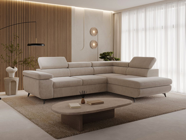 Ecksofa L-Form mit Schlaffunktion und Bettkasten Argon Rechts Beige