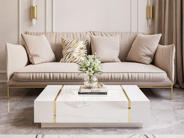 Wohnzimmer-Set mit goldenen Griffen im Glamour-Stil Lunelie Weiß Hochglanz