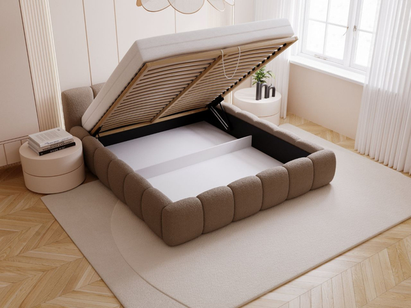 Polsterbett mit Bettkasten und Lattenrost 140x200 Cloud Low Bouclé-Stoff Braun