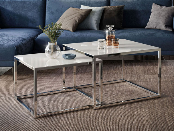 Couchtisch auf verchromtem Gestell mit Glasplatte Asumi Weiß 39x45